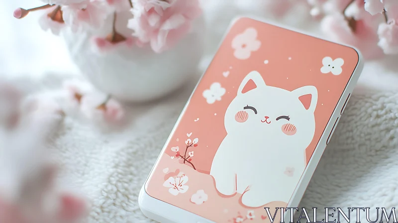 Cute White Cat with Cherry Blossoms on Phone Case AI Image