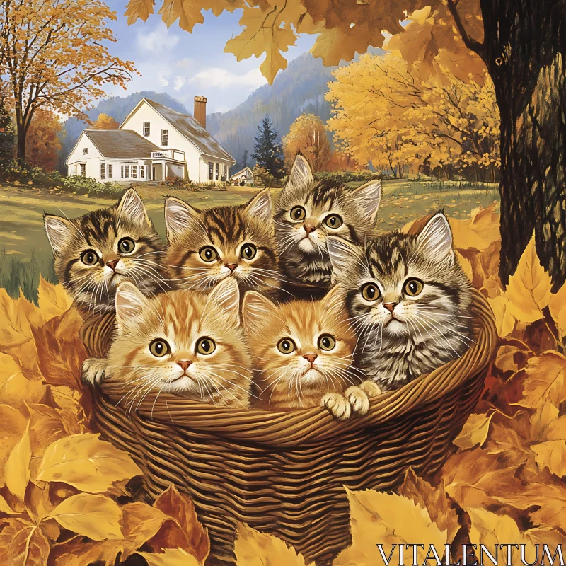 Adorable Kittens in Fall Setting with House AI Image