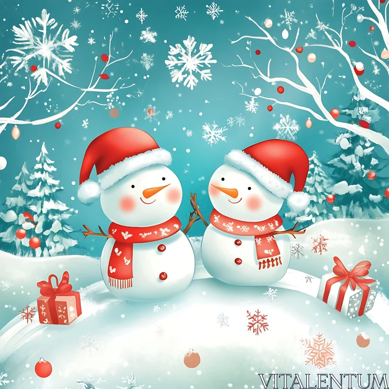 Festive Snowmen with Gifts in a Snowy Scene AI Image