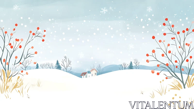 Serene Snowy Hills with Cottage and Berries AI Image