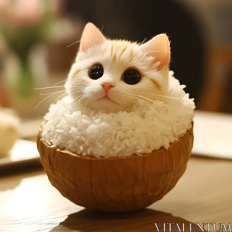 Charming Kitten in a Bowl of Rice AI Image