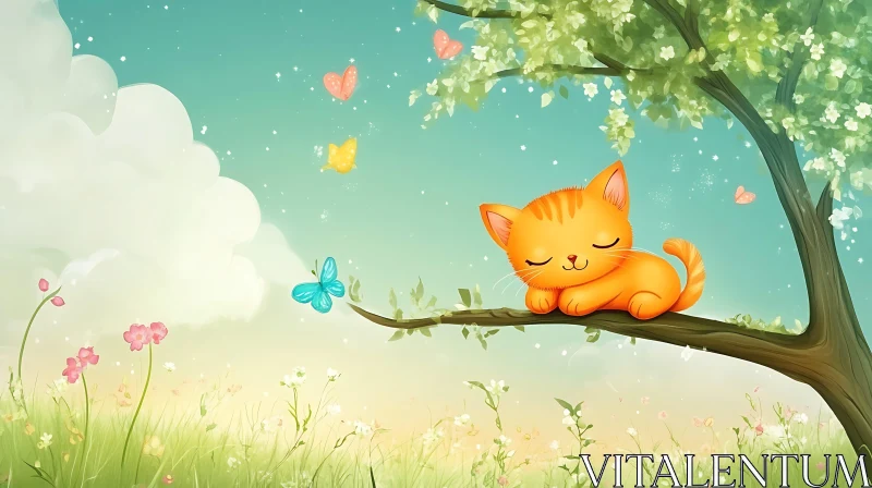 AI ART Peaceful Orange Kitten Napping Among Butterflies