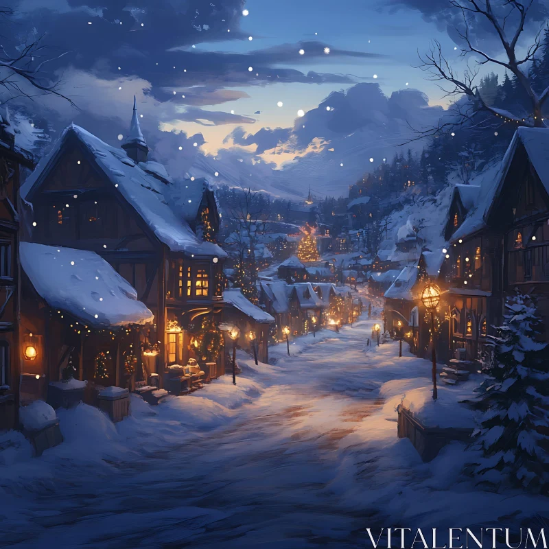 Winter Wonderland Village at Night AI Image