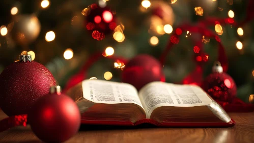 Open Bible Amidst Christmas Decorations