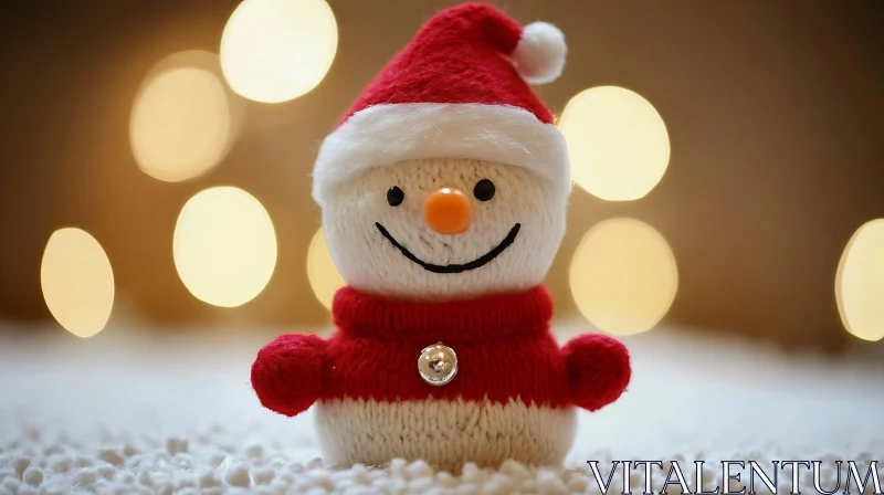 Festive Knitted Snowman with Santa Hat and Warm Lights AI Image