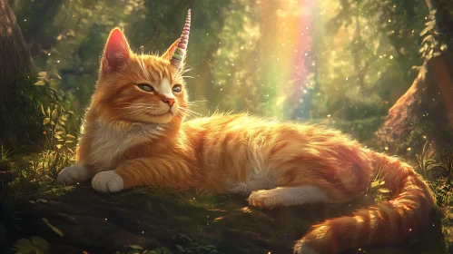 Magical Cat in Rainbow-lit Forest