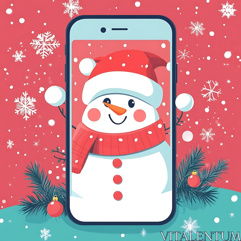 Cheerful Snowman with Santa Hat and Scarf on Phone AI Image