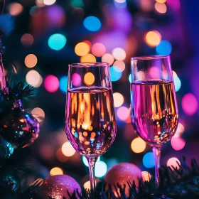 Christmas Cheer with Colorful Bokeh and Champagne Glasses