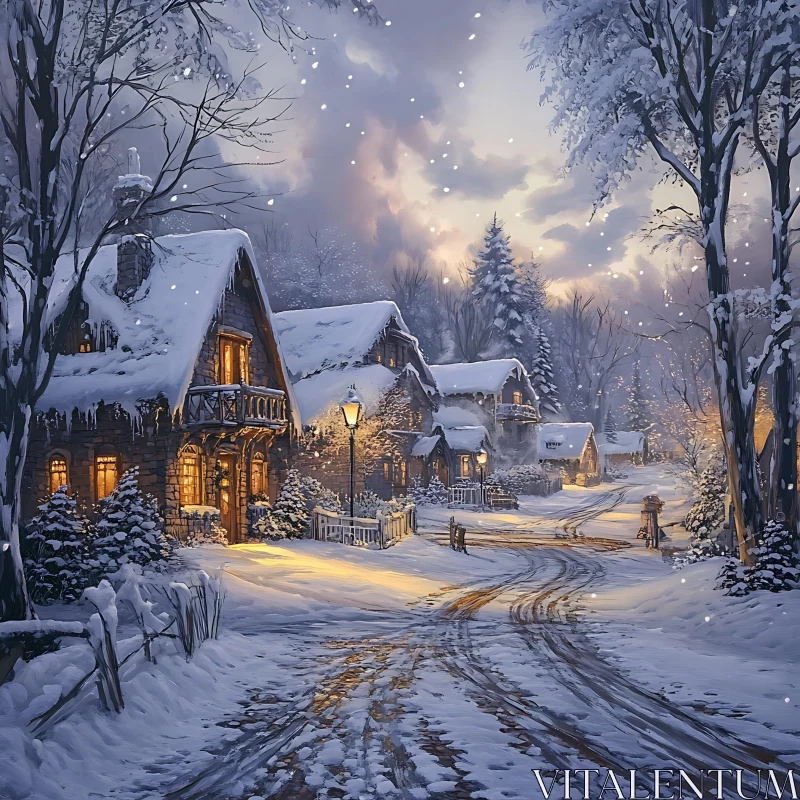 Cozy Winter Night Scene in a Snowy Village AI Image