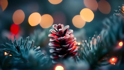 Snow-Covered Pine Cone in Winter Lights