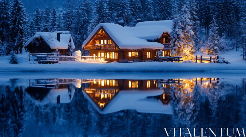 AI ART Snowy Forest Cabin with Golden Reflections