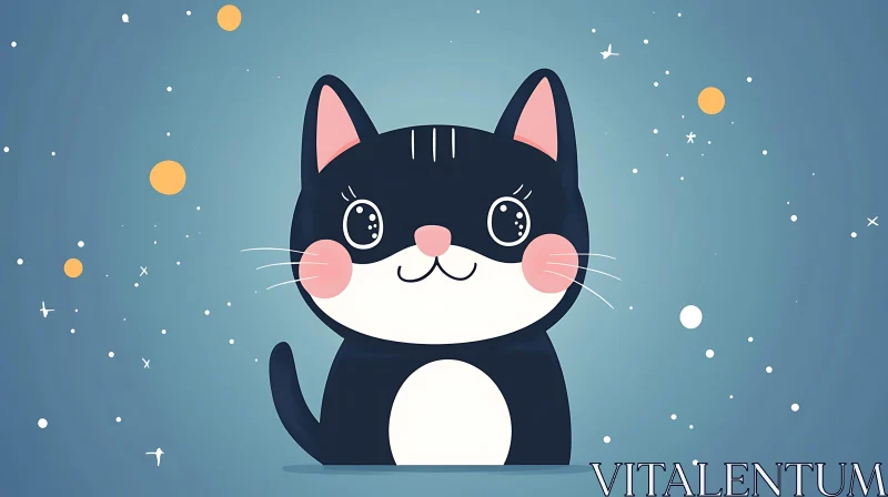 Cute Cat Illustration with Starry Background AI Image