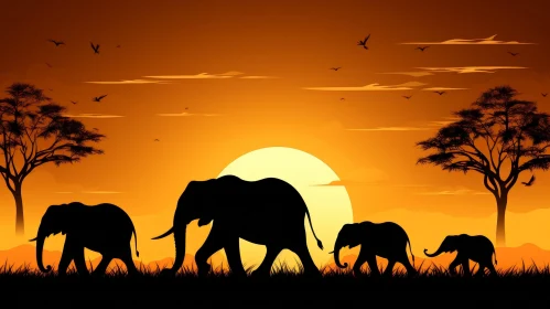 African Savanna Sunset with Elephants - Vector Illustration