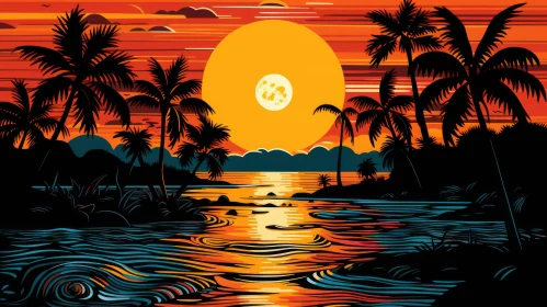 Bold and Colorful Graphic Design: Sunset over Lake and Tropical Islands