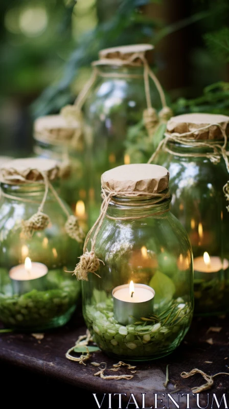 Captivating Artwork: Greenery and Candles in Glass Jars AI Image