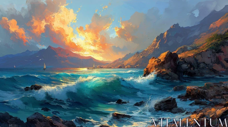 Captivating Seascape Painting | Powerful Waves and Sailboats AI Image