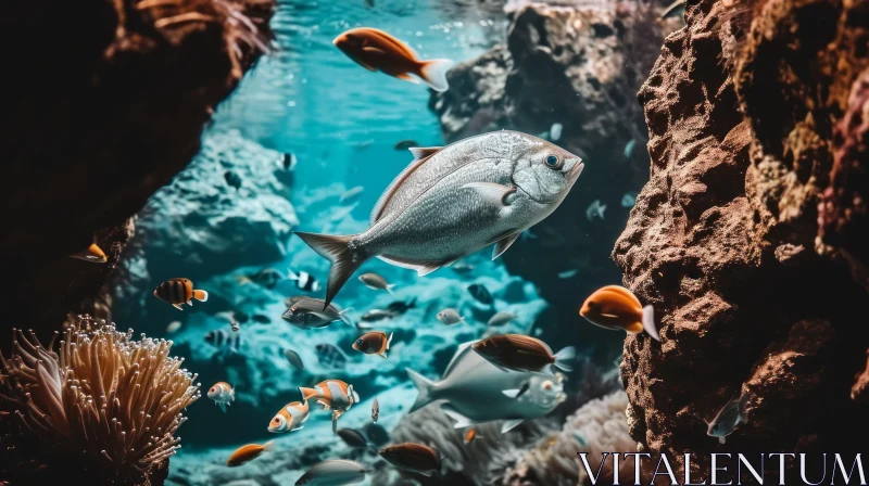Captivating Underwater Scene: Silver Fish in Vibrant Coral Reef AI Image