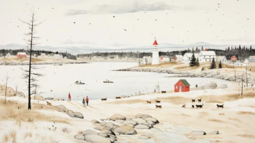Captivating Winter Scene of Fish and Cows in Coastal and Harbor Setting - 'Glen Angus' Painting