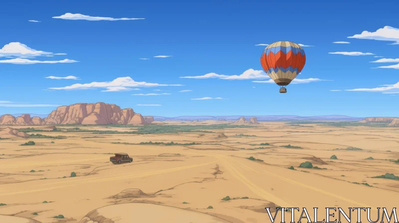 Colorful Hot Air Balloon Flying Over Desert Landscape AI Image