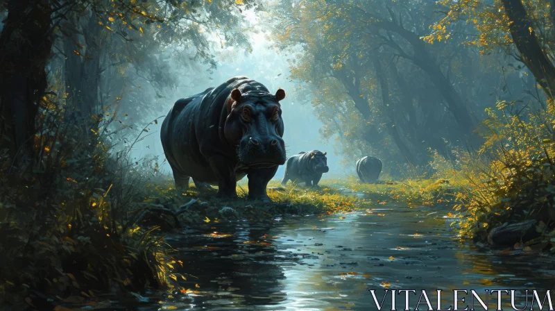 Digital Painting of a Hippopotamus in a Forest AI Image