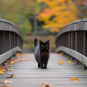 Autumn Bridge and Black Cat