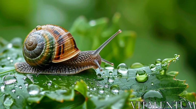 AI ART Graceful Snail on Lush Green Leaf - Nature Photography