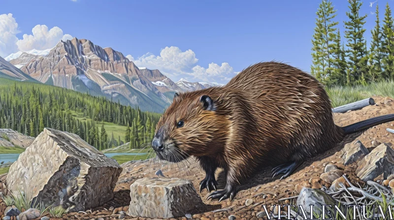 Majestic Beaver in Natural Habitat - Serene Lake and Snowy Mountains AI Image