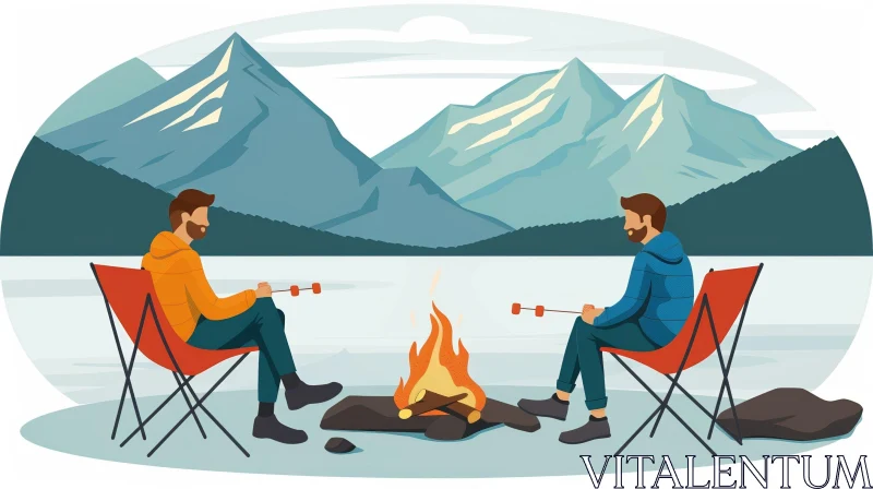 Mountain Camping Scene with Fire and Marshmallows AI Image
