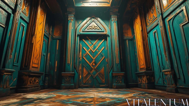 Mysterious 3D Rendering of a Dark Room with Intricate Wooden Door AI Image