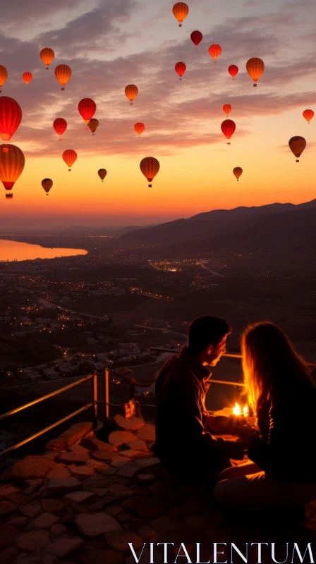 Romantic Scenery with Hot Air Balloons over Mountains at Sunset AI Image