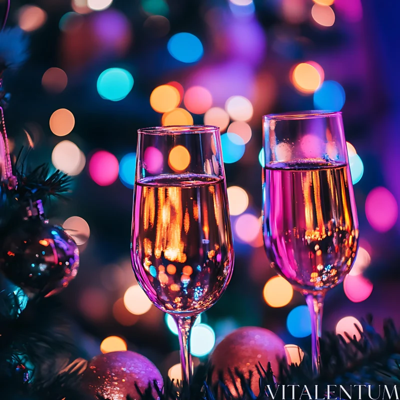 Christmas Cheer with Colorful Bokeh and Champagne Glasses AI Image