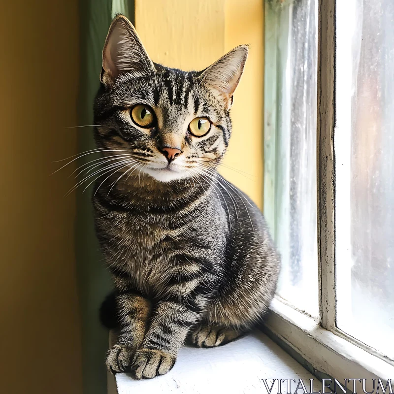 Cozy Home Scene with a Beautiful Tabby Cat by the Window AI Image