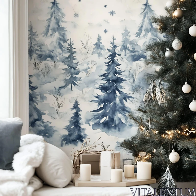 Cozy Holiday Scene with Christmas Tree and Snowy Forest AI Image