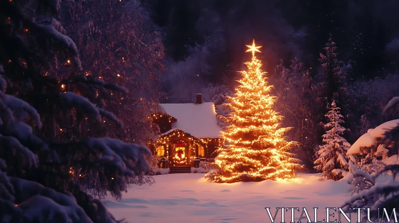 Snow-Covered Cabin with Illuminated Christmas Decoration AI Image