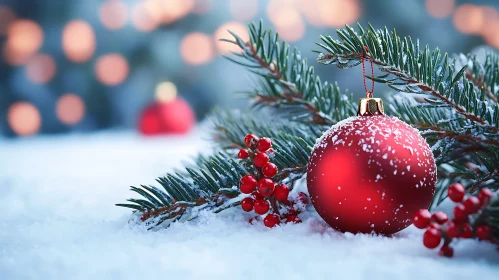 Christmas Ornament on Snowy Pine Branch