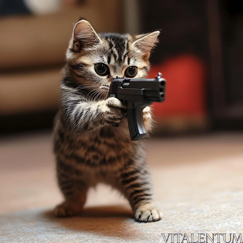 Adorable Tabby Kitten Holding a Toy Gun AI Image