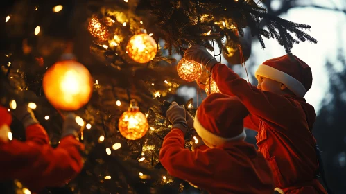 Kids in Santa Outfits Adorning a Festive Christmas Tree