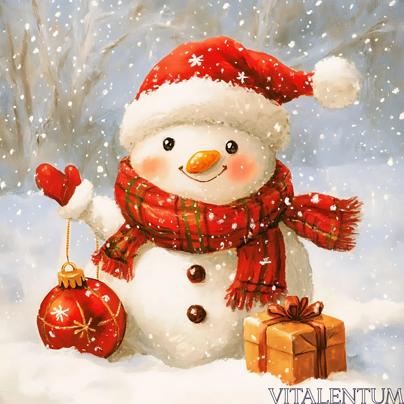 Snowman Holding Christmas Ornament in Festive Winter Scene AI Image