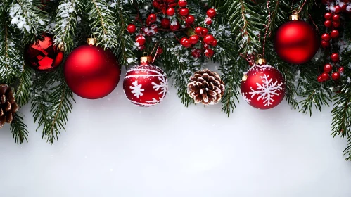 Holiday Decor with Red Ornaments and Pine Cones