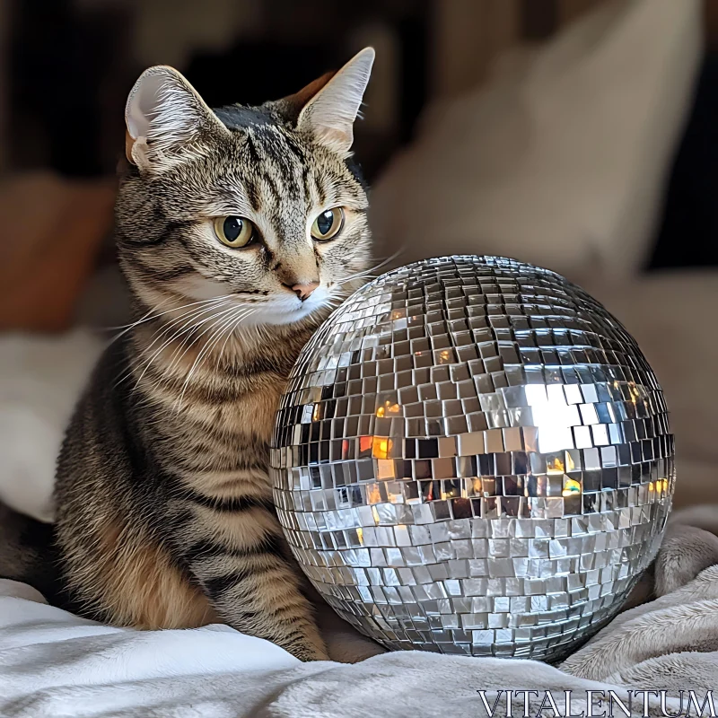 Domestic Cat and Sparkling Disco Ball AI Image