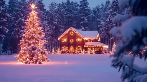 Christmas Cabin with Glowing Tree in Winter Forest