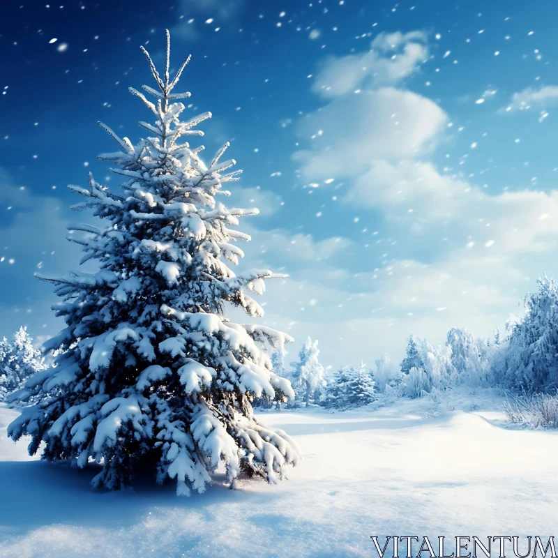 Majestic Snow-Covered Pine Tree in Winter Scene AI Image