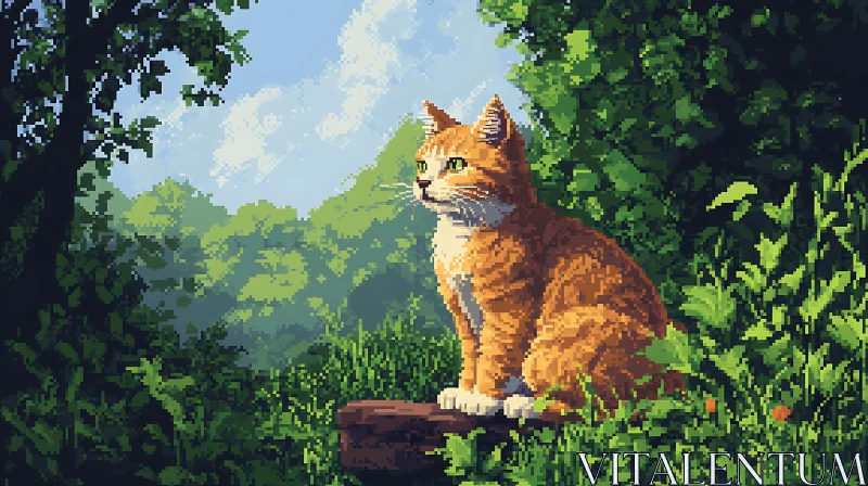 Orange Cat in a Lush Forest Setting AI Image