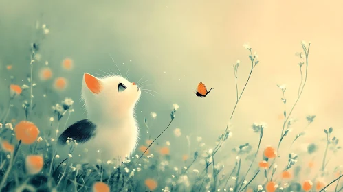 Kitten Mesmerized by Butterfly in Blooming Field