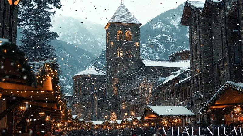 Picturesque Alpine Christmas Market with Falling Snow AI Image