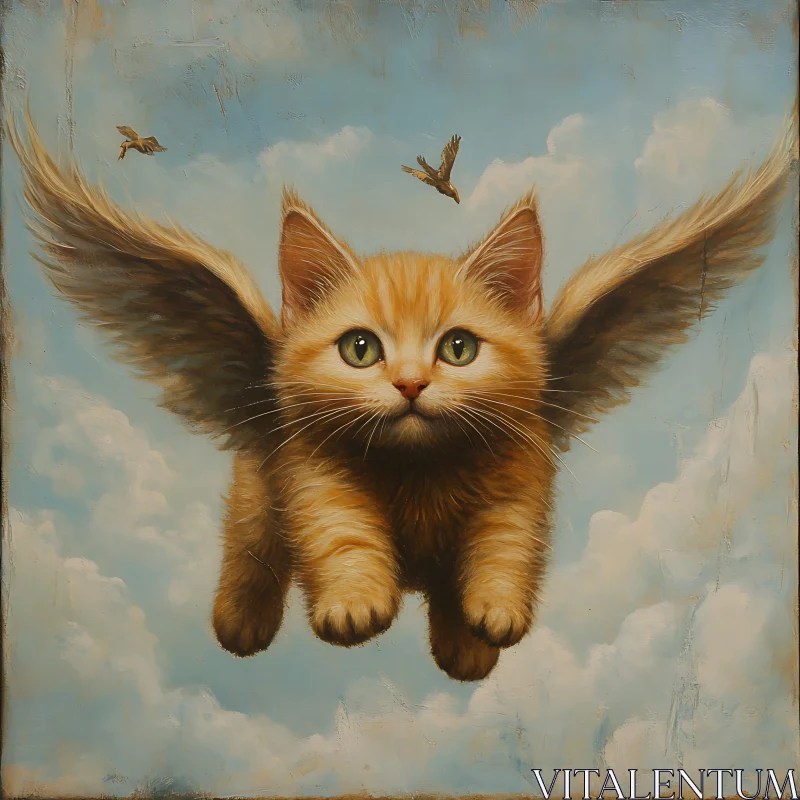 AI ART Fantastical Winged Cat Flying Among Clouds