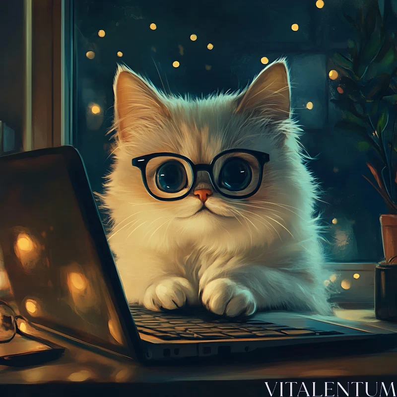 Cute Cat with Black Glasses Using Laptop AI Image