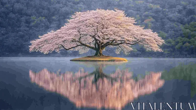 Cherry Blossom in Full Bloom Over Lake AI Image