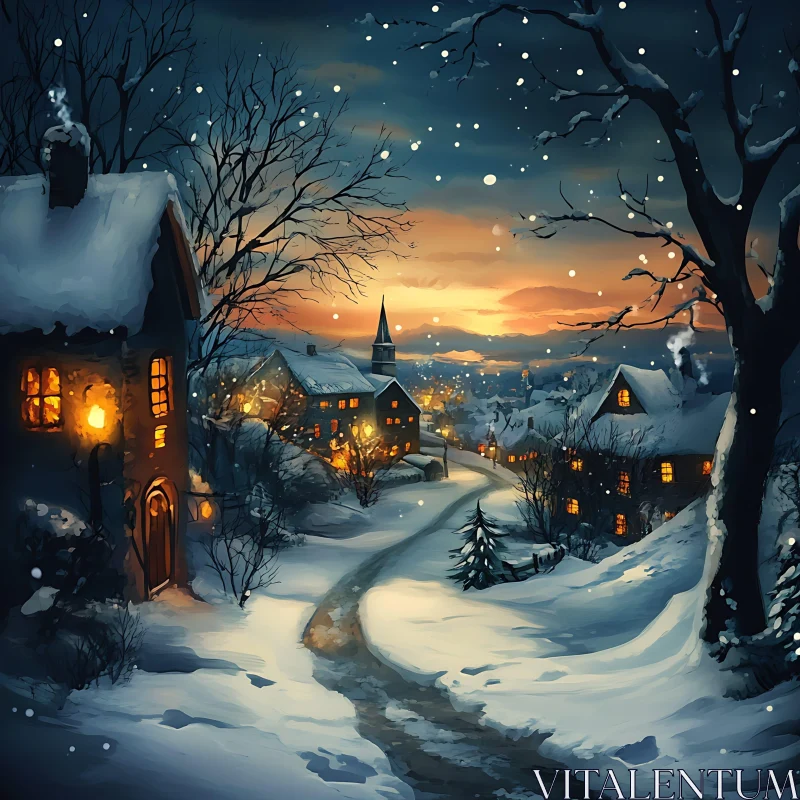 Serene Winter Village Scene AI Image