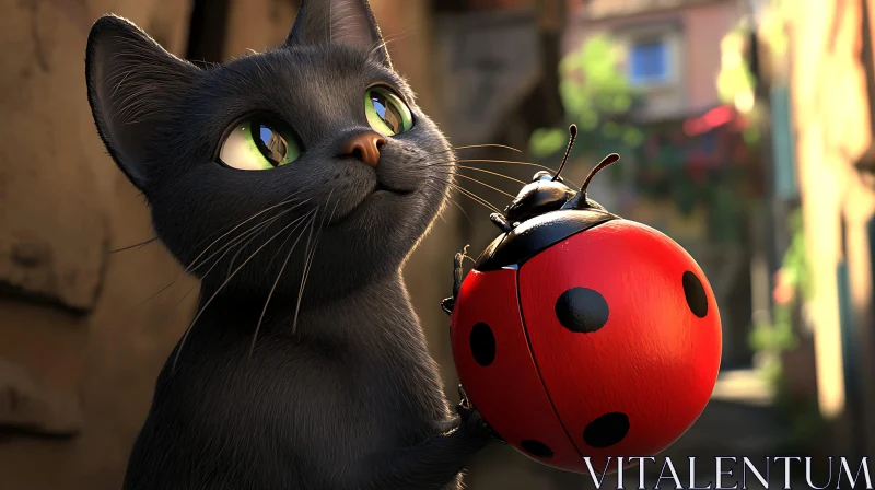 Adorable Black Cat and Ladybug in Urban Scene AI Image